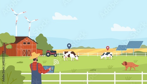 Fototapeta Naklejka Na Ścianę i Meble -  Farm tracking technologies. Robotic cattle herding, farmer watching cows from tablet and geo tags, modern mobile agriculture, smart technology in countryside, vector concept