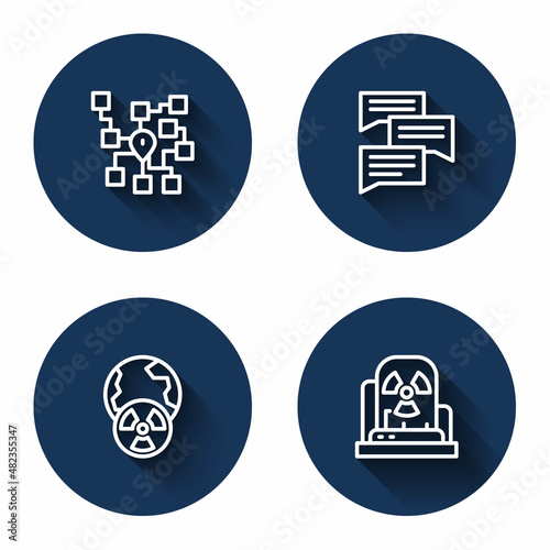 Set line Neural network, Speech bubble chat, Planet earth and radiation and Radioactive warning lamp with long shadow. Blue circle button. Vector