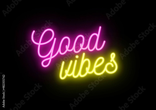 Good vibes pink and yellow neon light text effect.