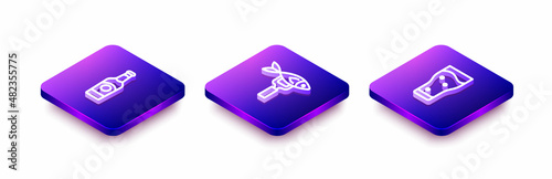 Set Isometric line Beer bottle, Dried fish and Glass of beer icon. Vector