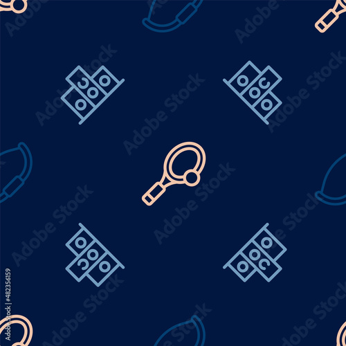 Set line Medieval bow, Award over sports winner podium and Tennis racket with ball on seamless pattern. Vector