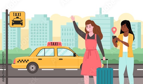 People call taxi. Girls waiting car, tracking transport, tag in mobile app, travelers use yellow city transport, women with luggage waving hand and use smartphone, vector concept