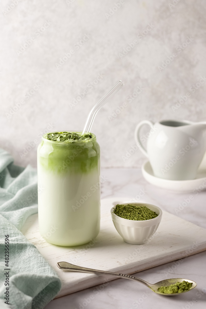 Green tea, homemade dalgona matcha latte. Green tea, homemade dalgona matcha latte.