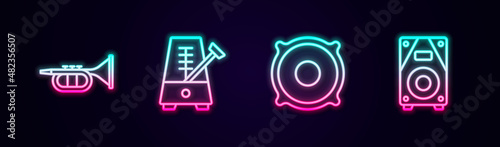 Set line Trumpet, Metronome with pendulum, Stereo speaker and . Glowing neon icon. Vector
