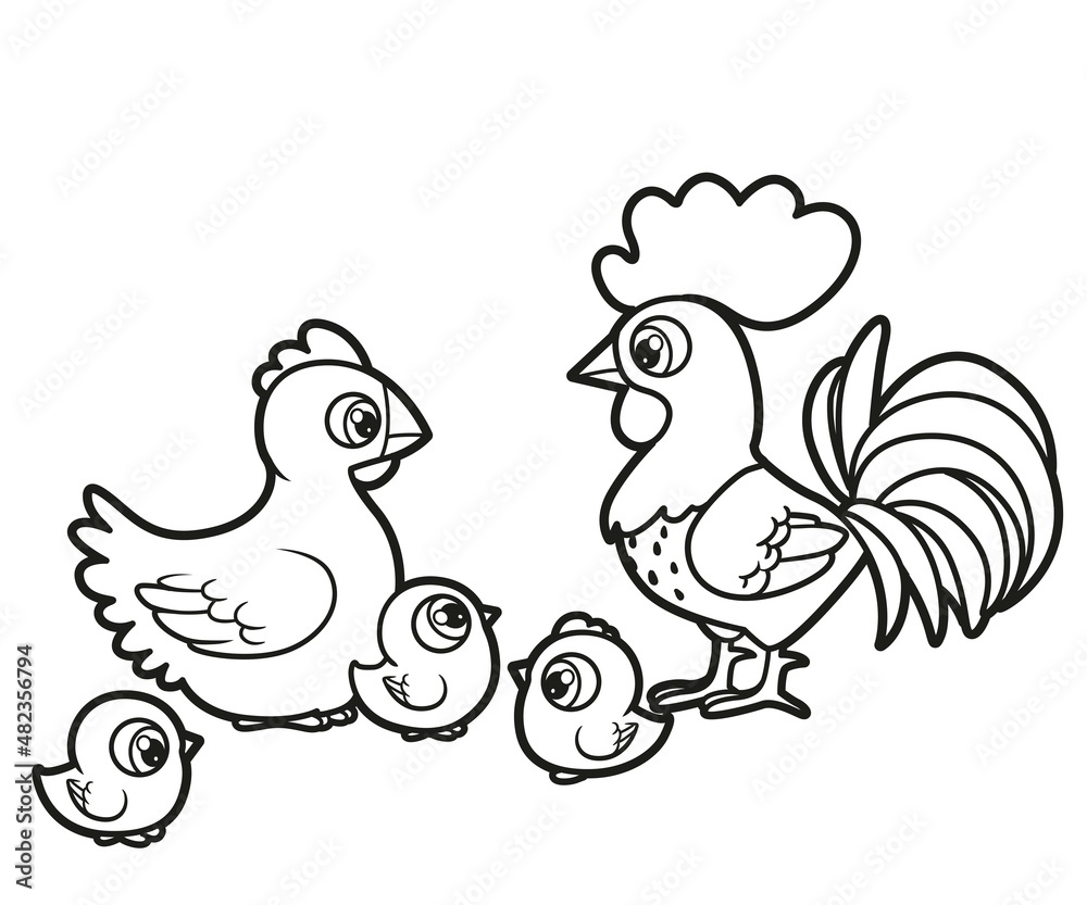Fototapeta premium Cute cartoon rooster and hen with chickens outlined for coloring book on white background