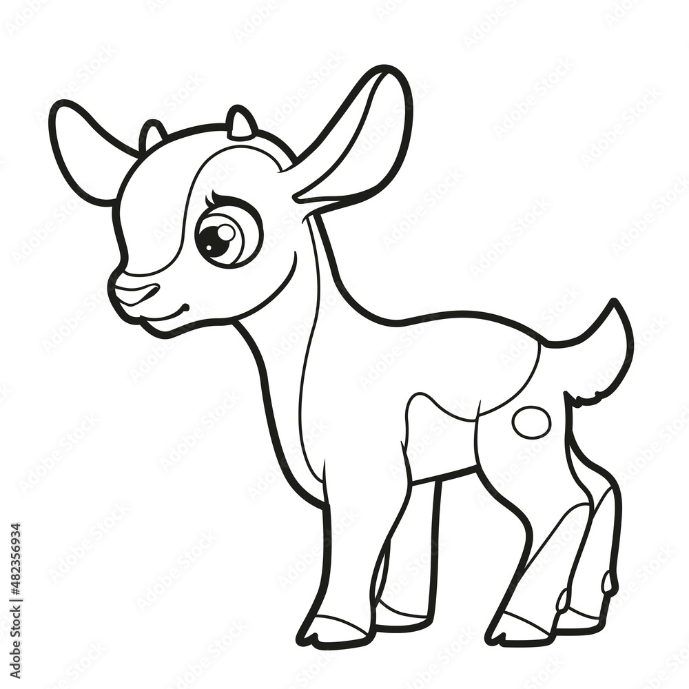 Cute cartoon little goatling outlined for coloring page on white background