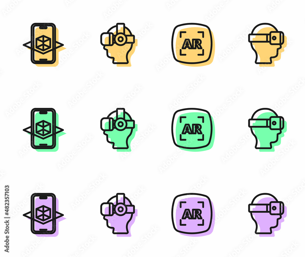 Set line Augmented reality AR, 3d modeling, Virtual glasses and icon. Vector Set line Augmented reality AR, 3d modeling, Virtual glasses and icon. Vector