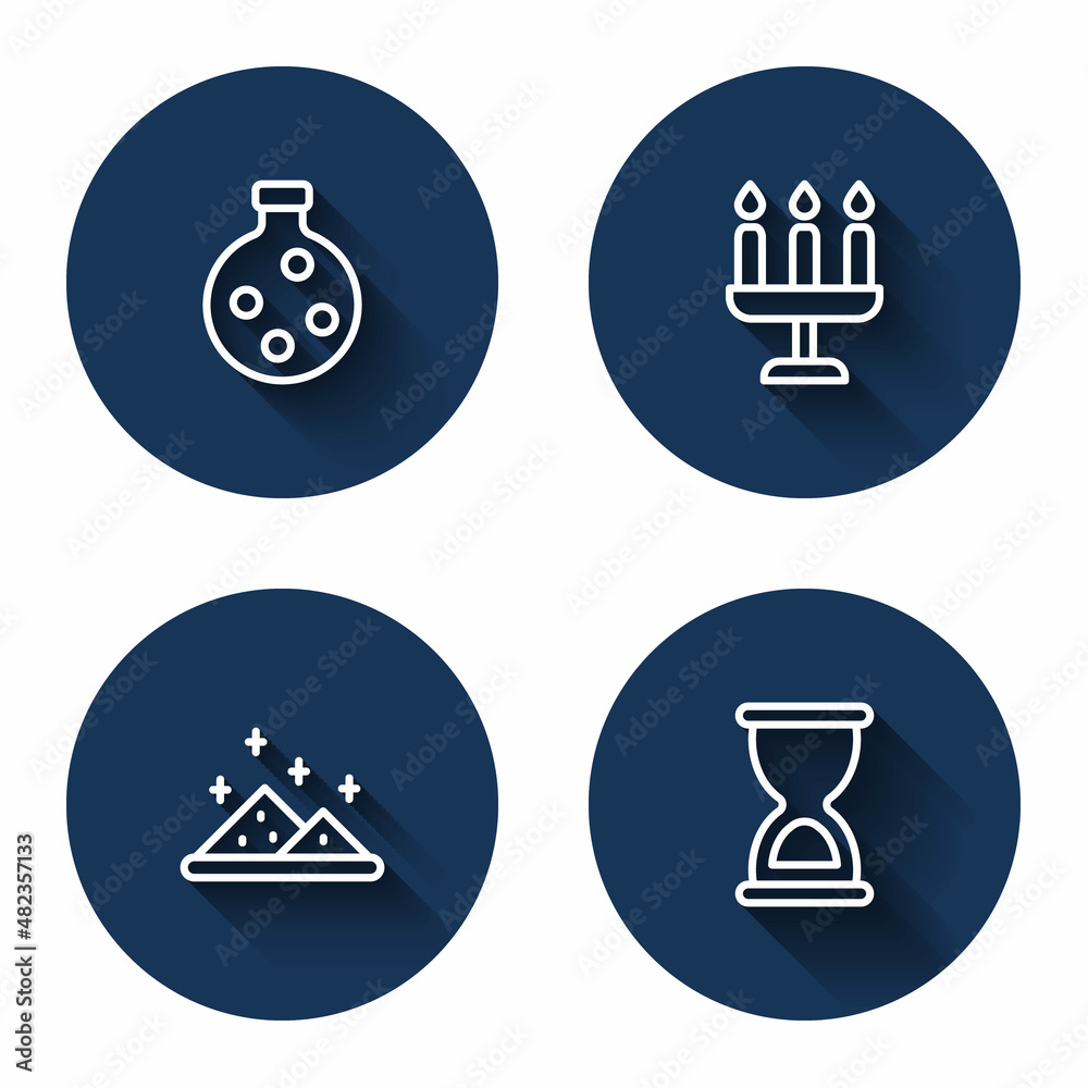 Set line Bottle with potion, Candlestick, Magic powder and Old hourglass with long shadow. Blue circle button. Vector Set line Bottle with potion, Candlestick, Magic powder and Old hourglass with long shadow. Blue circle button. Vector