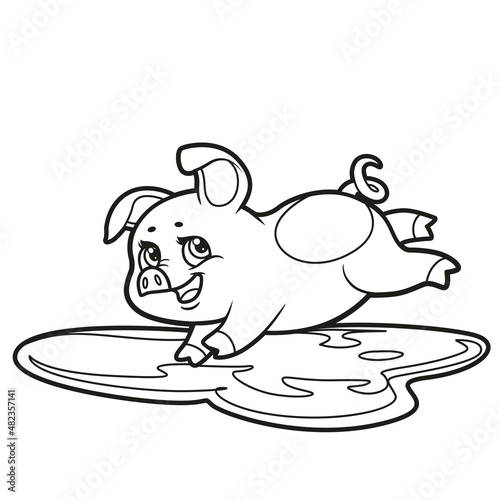 Cute cartoon pig jumping into a puddle outlined for coloring book on white background