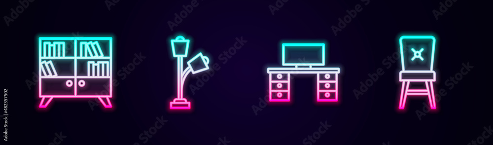 Set line Library bookshelf, Floor lamp, Office desk and Chair. Glowing neon icon. Vector Set line Library bookshelf, Floor lamp, Office desk and Chair. Glowing neon icon. Vector