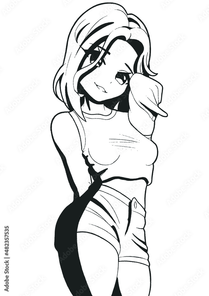 Anime manga cute girl pop star short pink hair line style manga vector Anime manga cute girl pop star short pink hair line style manga vector