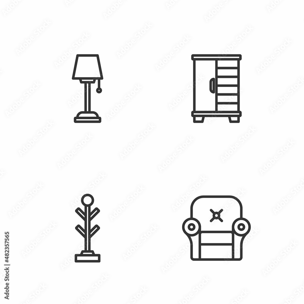 Set line Armchair, Coat stand, Floor lamp and Wardrobe icon. Vector Set line Armchair, Coat stand, Floor lamp and Wardrobe icon. Vector