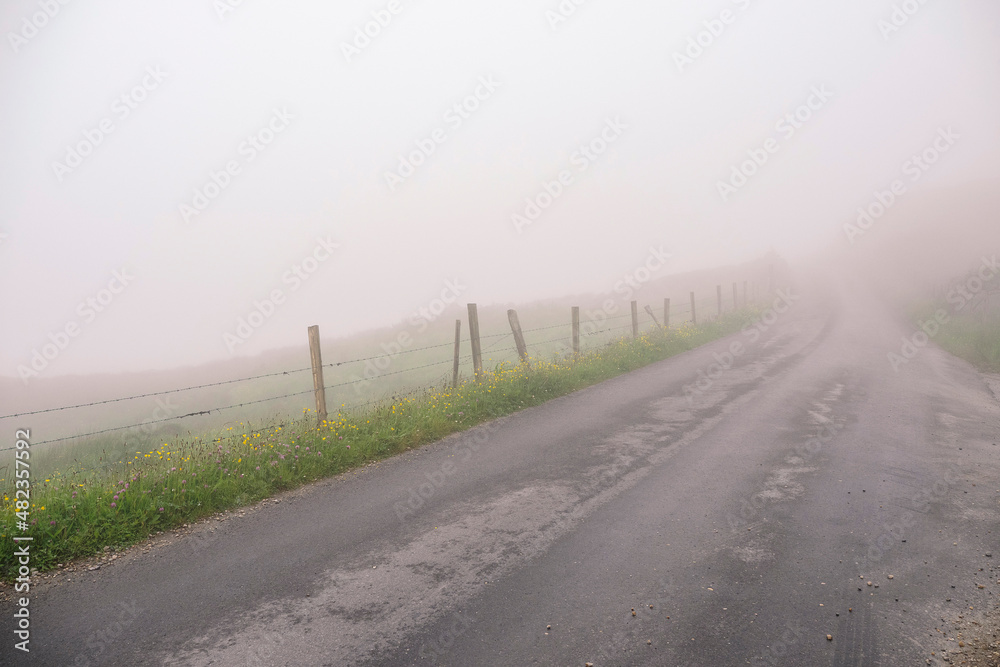 Small narrow asphalt country road in a mist. Weather dangerous conditions. Road safety concept