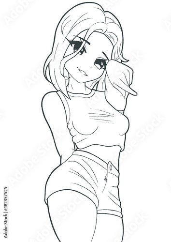 Anime manga cute girl pop star short pink hair picture is made with lines	
