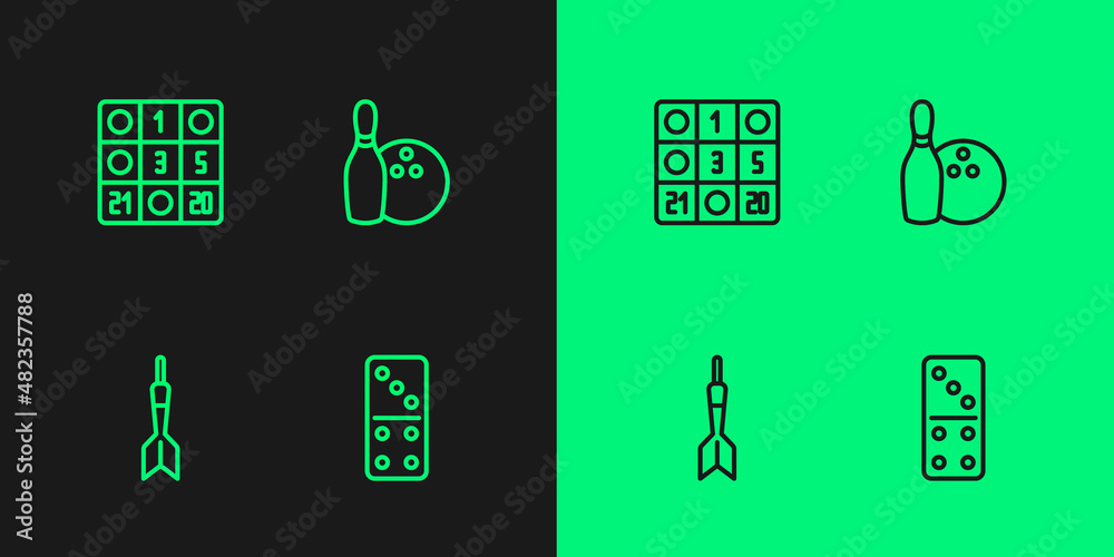 Set line Domino, Dart arrow, Bingo card and Bowling pin and ball icon. Vector Set line Domino, Dart arrow, Bingo card and Bowling pin and ball icon. Vector