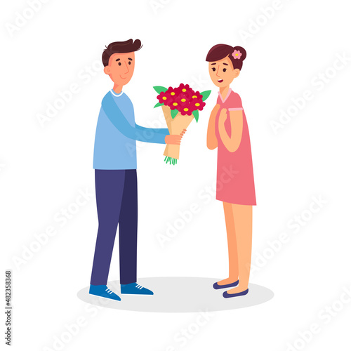 Man give bouquet flower to female character, lovely people couple. Concept pair amorous day, cute date time.