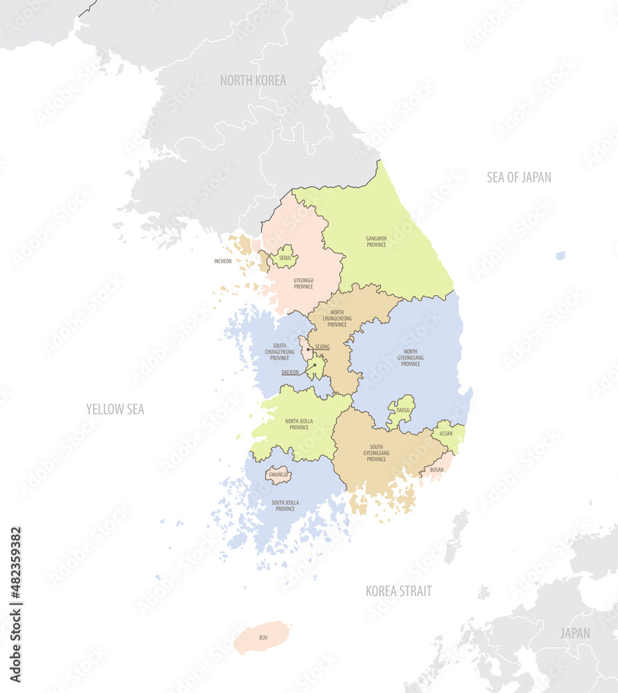 Obraz premium Detailed map of South Korea with administrative divisions and borders of neighboring Asian countries, vector illustration on white background