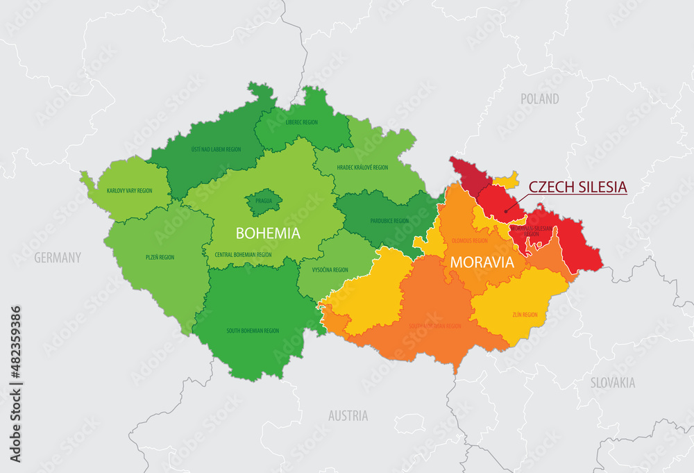 Map of the Czech Republic  with traditional regions and current administrative regions, detailed vector illustration