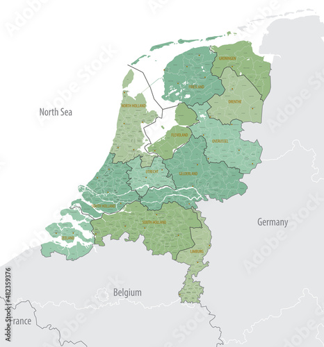 Detailed map of Netherlands with administrative divisions into Provinces and Municipalities, major cities of country, vector illustration onwhite background