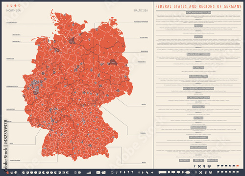 Infographics map of federal states of Germany with administrative division into lands and regions of the country