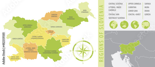 Detailed map of Slovenia with administrative divisions of the country, color vector illustration