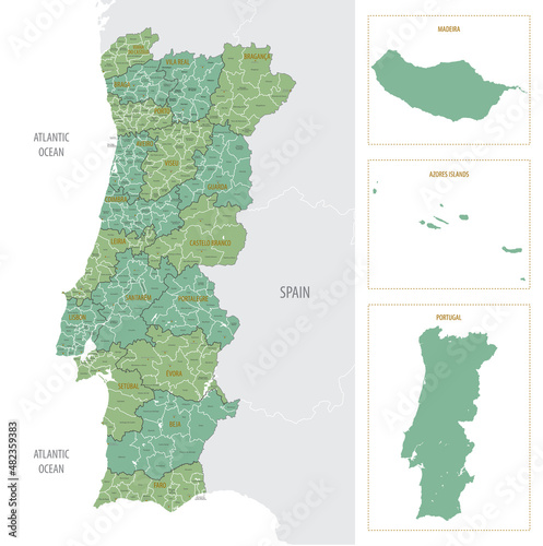 Detailed map of Portugal with administrative divisions into region and municipalities, major cities of country, vector illustration onwhite background