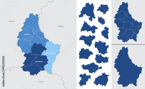 Detailed vector blue map of luxembourg with administrative divisions into district and cantons of the country