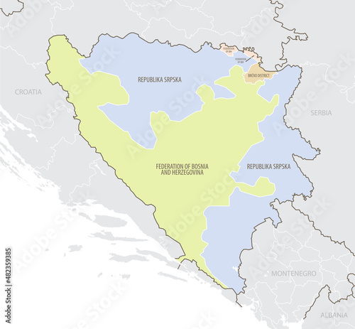 Detailed map of Bosnia and Herzegovina with administrative divisions and borders of neighboring countries in Europe, vector illustration