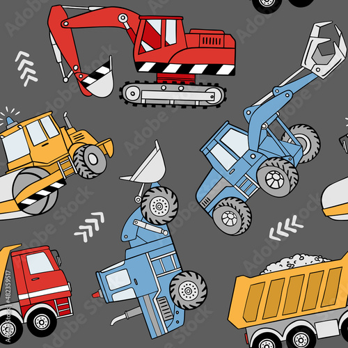 Hand drawn construction trucks and bulldozers seamless vector pattern. Perfect for textile, wallpaper or print design.