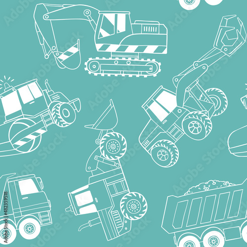 Hand drawn construction trucks and bulldozers seamless vector pattern. Perfect for textile, wallpaper or print design.