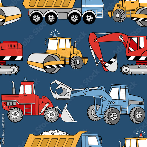 Hand drawn construction trucks and bulldozers seamless vector pattern. Perfect for textile, wallpaper or print design.