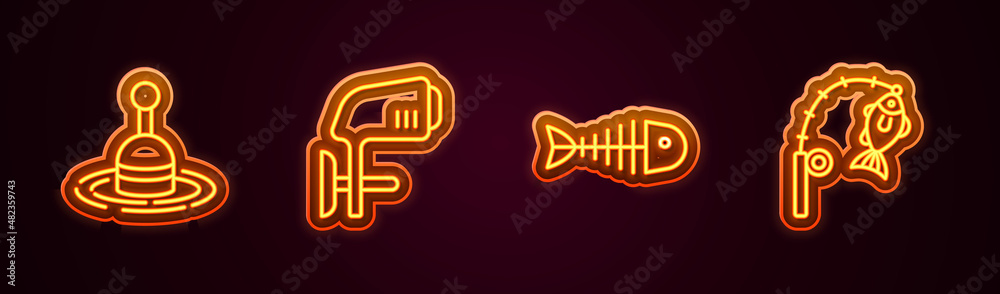 Set line Fishing float in water, Outboard boat motor, skeleton and rod and fish. Glowing neon icon. Vector Set line Fishing float in water, Outboard boat motor, skeleton and rod and fish. Glowing neon icon. Vector