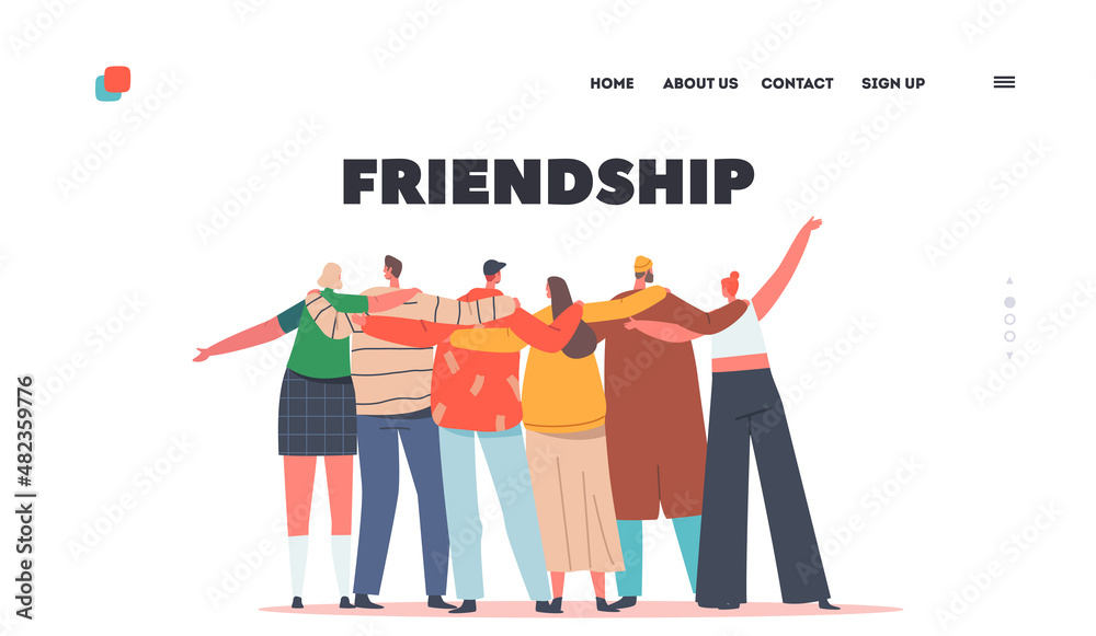Friendship Day Celebration Landing Page Template. Hugs with Friends Rear View. Diverse Multiracial Characters Hugging