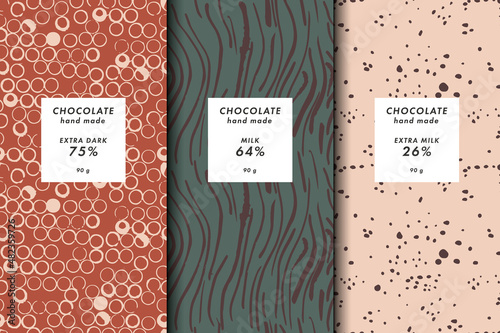Vector illustration set of templates contemporary abstract cover and patterns for chocolate and cocoa packaging with labels. Minimal modern backgrounds.