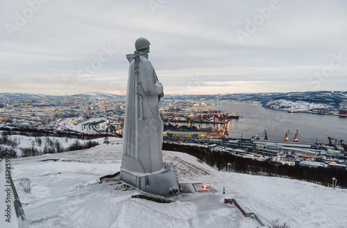 Attractions of the town. View of Monument to the Defenders of the Arctic the main symbol of the town on short winter day. top view, aerial view, photo