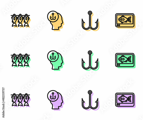 Set line Fishing hook, Dried fish, Fisherman and finder echo sounder icon. Vector
