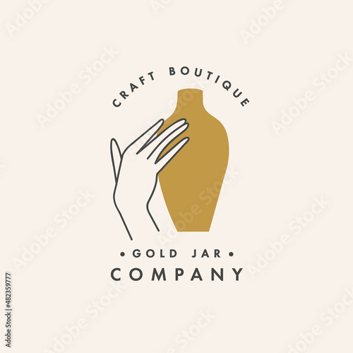 Vector design linear template logo or emblem - female hand with jar. Abstract symbol for hand made products and craft boutiques.