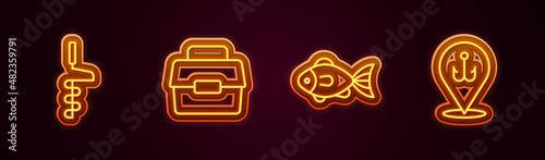 Set line Hand ice drill, Case or box for fishing, Fish and Fishing hook. Glowing neon icon. Vector