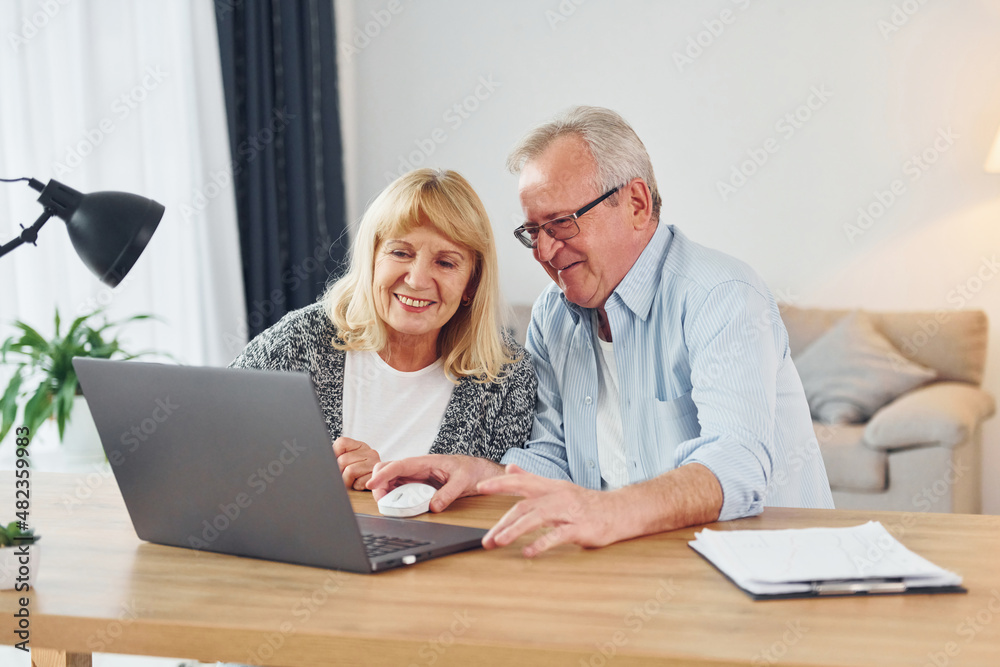 Having online conversation. Senior man and woman is together at home