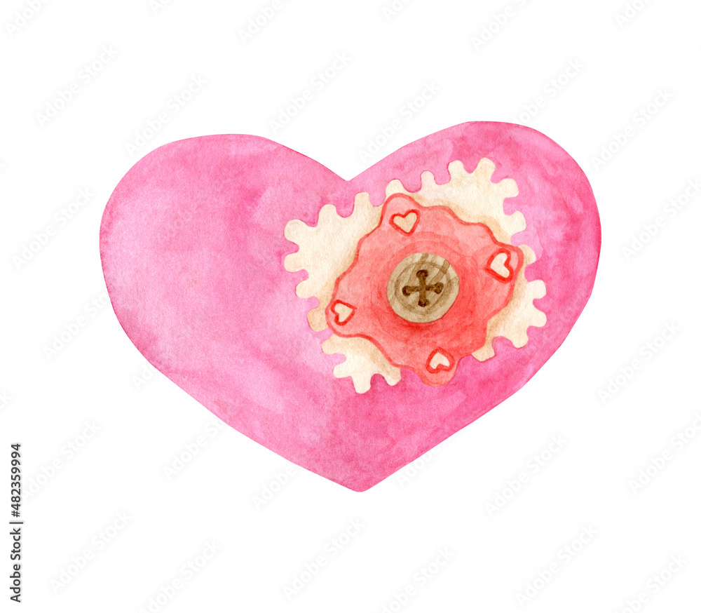 Watercolor heart illustration. Hand painted pink heart shape with patch decoration isolated on white background. Romantic image for Valentine's day, wedding, scrapbook, greeting card, design.