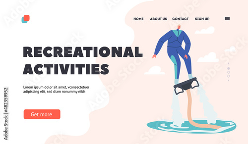 Recreational Activities Landing Page Template. Extreme Water Sports. Fly Board Rider Making Stunts, Summer Vacation Fun