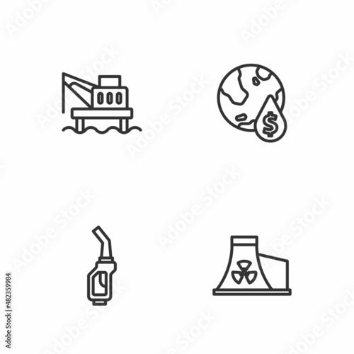 Set line Nuclear power plant, Gasoline pump nozzle, Oil platform the sea and drop with dollar symbol icon. Vector