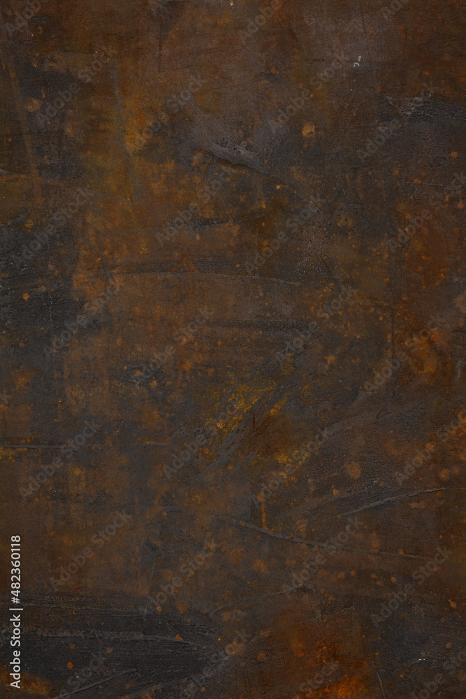 Dark Iron cast iron sheet with patina and rust. Brown and black metallic texture. 