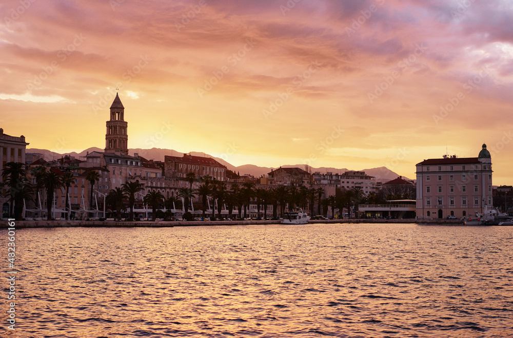 Travel by Croatia. Beautiful landscape with sunrise in Split Old Town on sea shore.