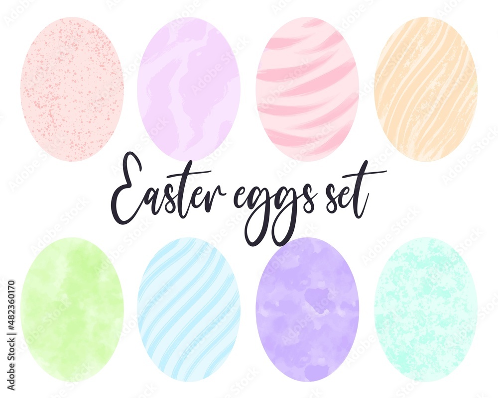 Set painted Easter eggs. Colored eggs collection. Easter spring holiday symbol, isolated vector illustration. Abstract colorful eggs