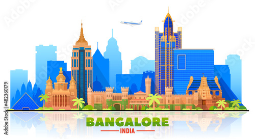 Bangalore( India ) skyline with panorama in white background. Vector Illustration. Business travel and tourism concept with modern buildings. Image for presentation, banner, website.