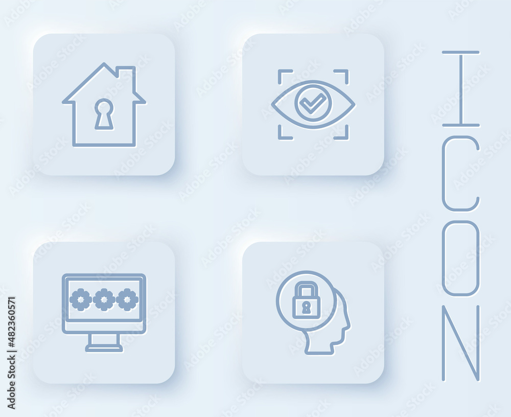 Set line House under protection, Eye scan, Monitor with password and Lock. White square button. Vector Set line House under protection, Eye scan, Monitor with password and Lock. White square button. Vector