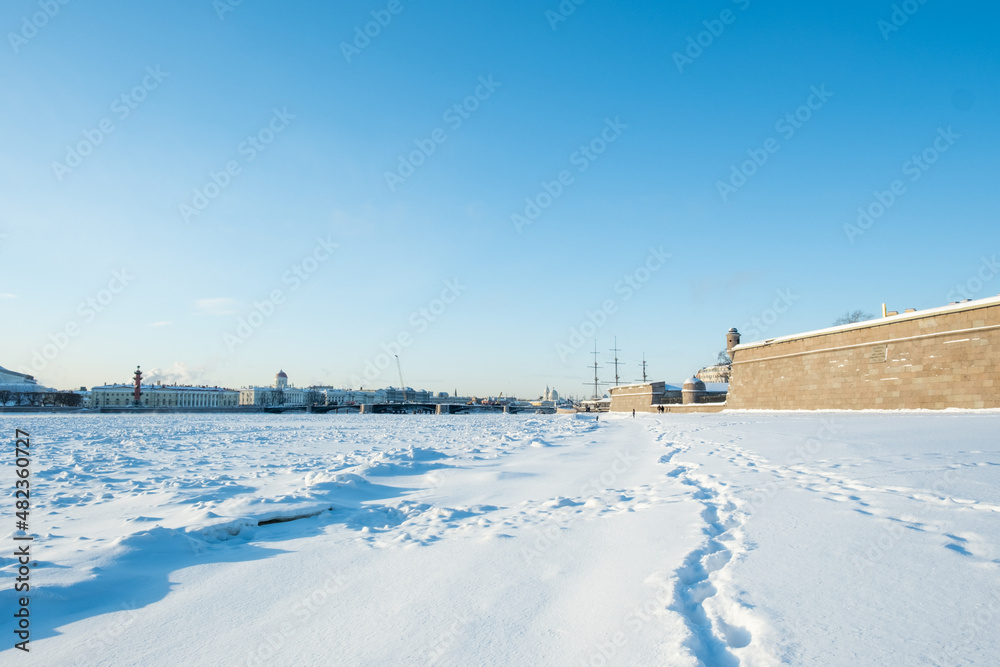 St. Petersburg, Russia - December, 2021: View from the Peter and Paul Fortress to the Neva in winter.