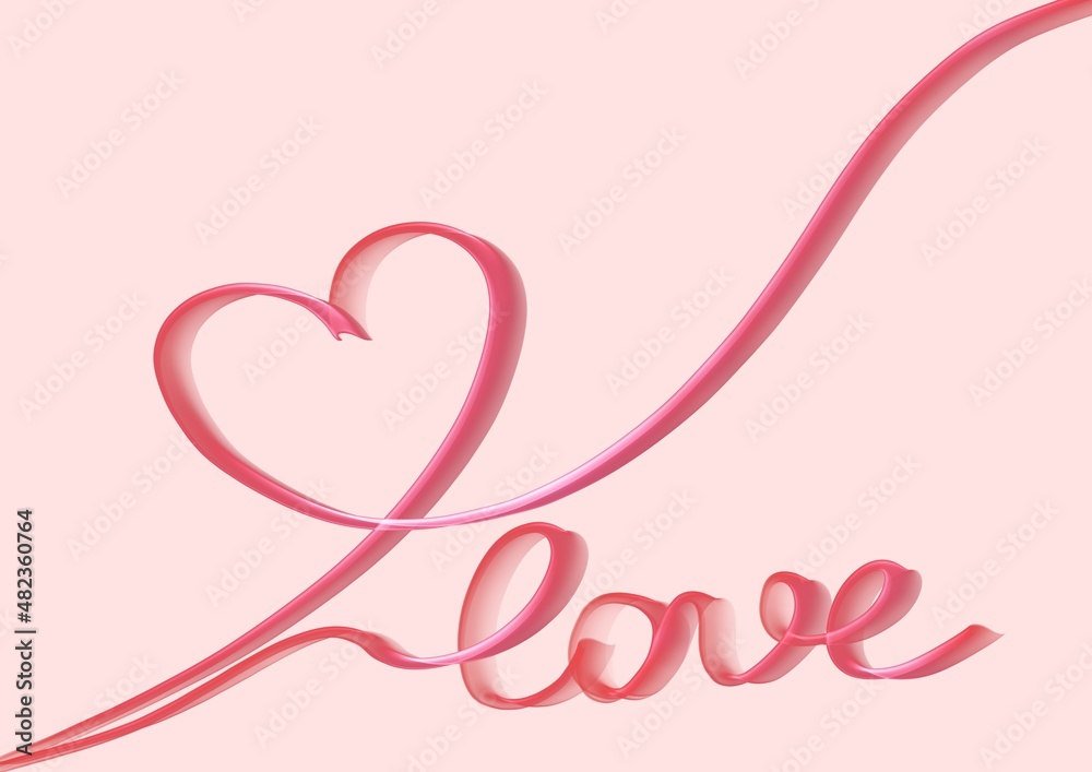 Word and inscription love with heart written rose color calligraphic handwriting on pink background with ribbon effect.