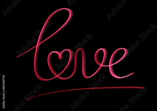 Word and inscription love with heart written in neon red color in calligraphic handwriting on black background